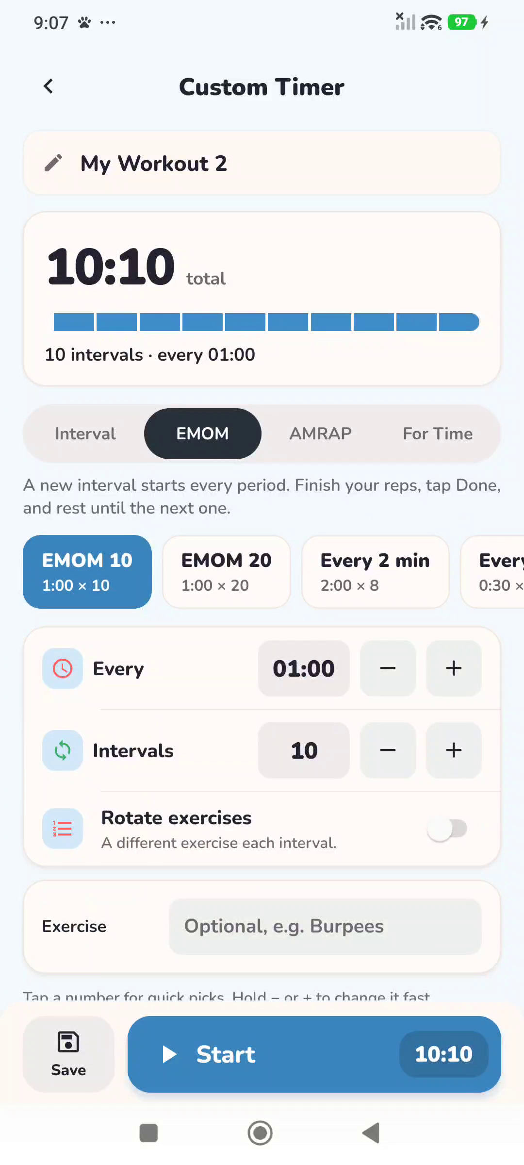 PawTempo's workout builder with Interval, EMOM, AMRAP and For Time