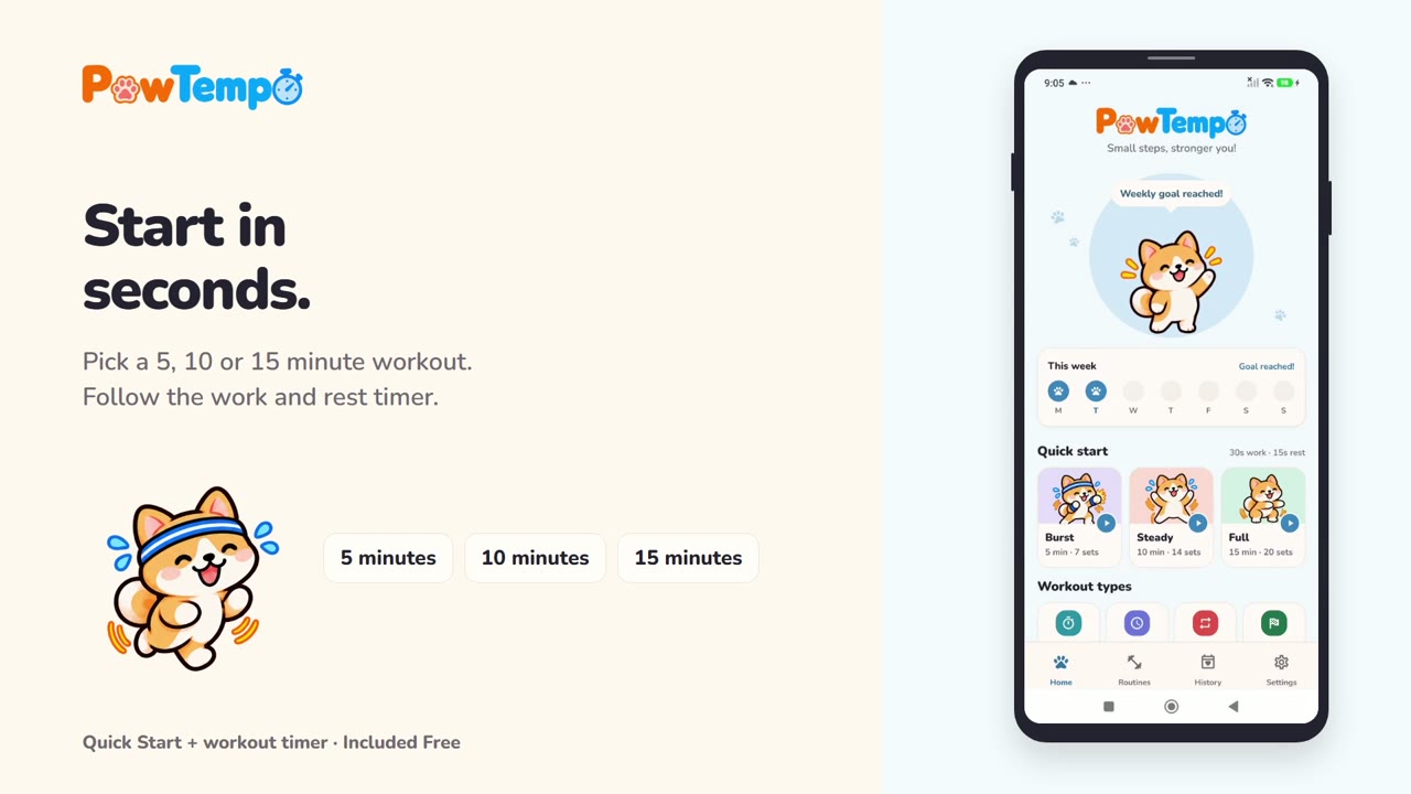 PawTempo Quick Start with the corgi buddy, real app screen and 5, 10 and 15-minute workouts